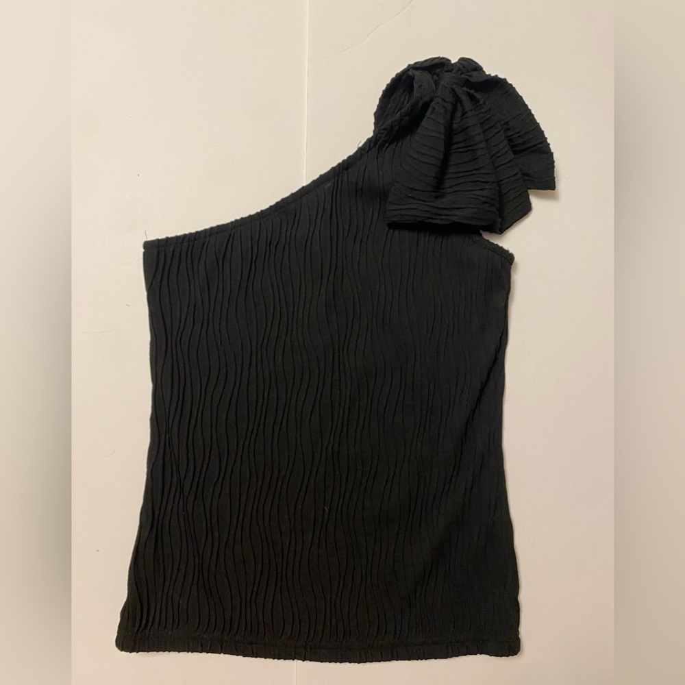 Shein One Shoulder Bow Top Black Textured XS